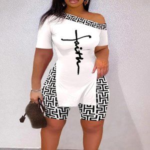 PLUS SIZE FAITH GEOMETRIC BLACK AND WHITE SHORTS SET
